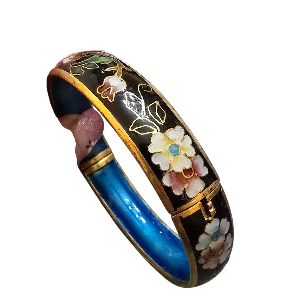 Vintage Heavy Cloisonne Hinged Bangle Bracelet (A8706)